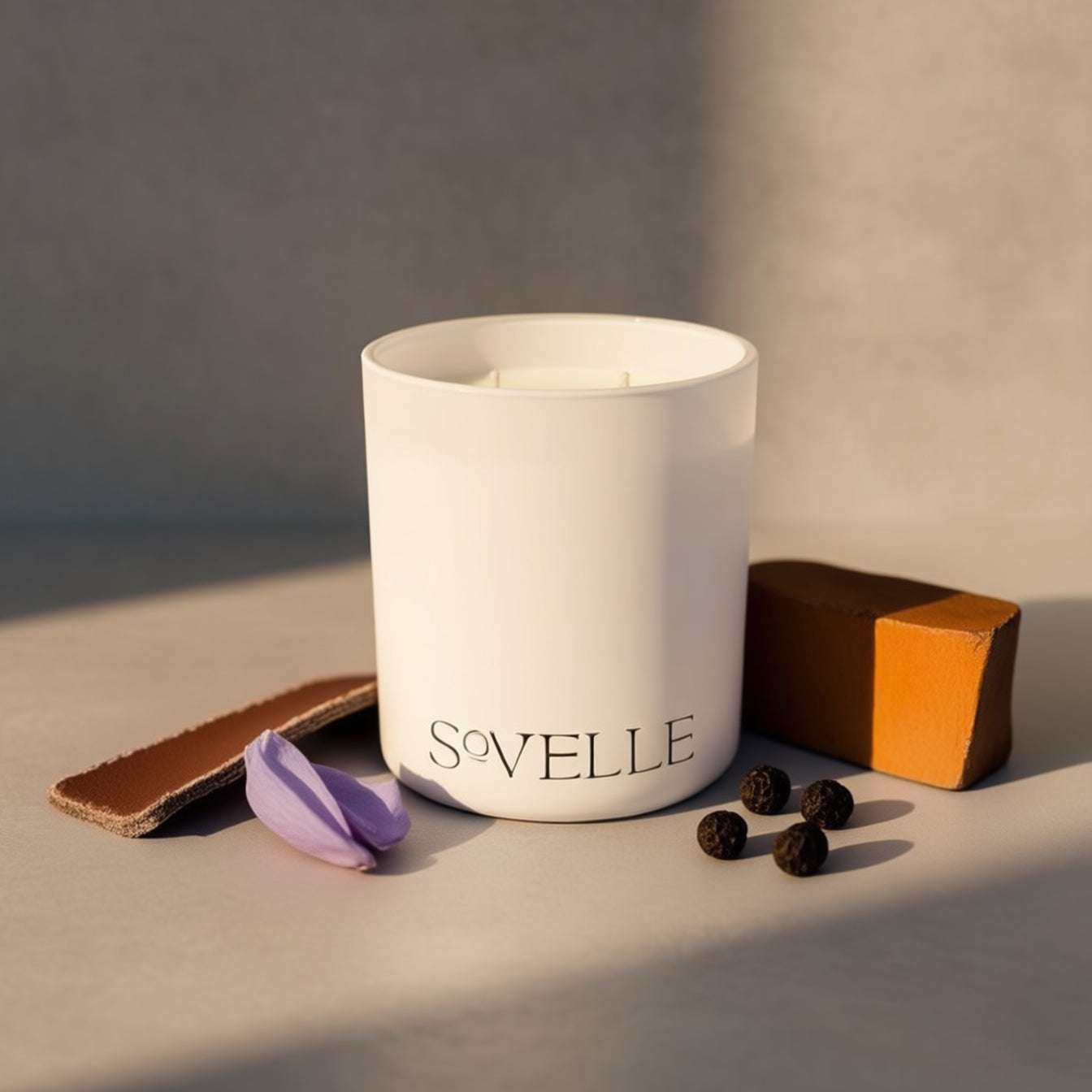 Leather Santal luxury coconut soy candle by Sovelle